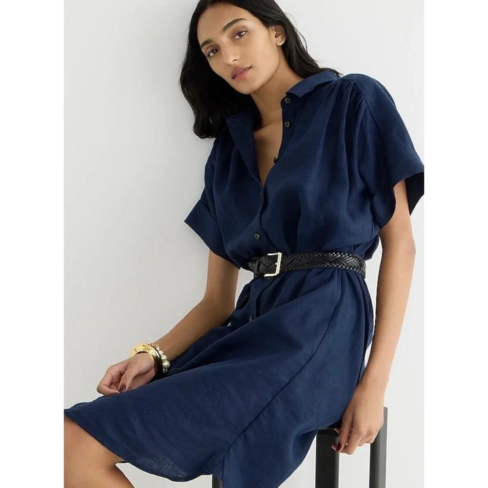 J. Crew Relaxed-Fit Short-Sleeve Baird McNutt Irish Linen Shirtdress Navy L